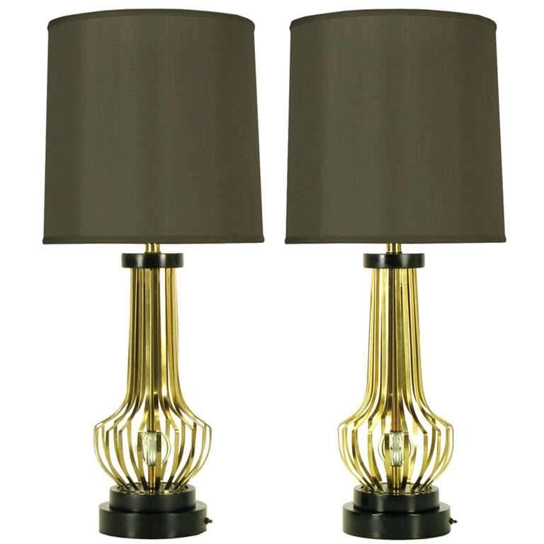 Pair of Rembrandt Brass Open Rib Table Lamps with Crystal Ball Centres For Sale