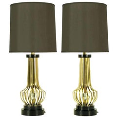 Pair of Rembrandt Brass Open Rib Table Lamps with Crystal Ball Centres