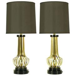 Pair of Rembrandt Brass Open Rib Table Lamps with Crystal Ball Centres 4
