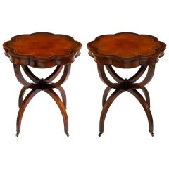 Elegant 1940s Mahogany Spider Leg End Tables with Tooled Leather Top