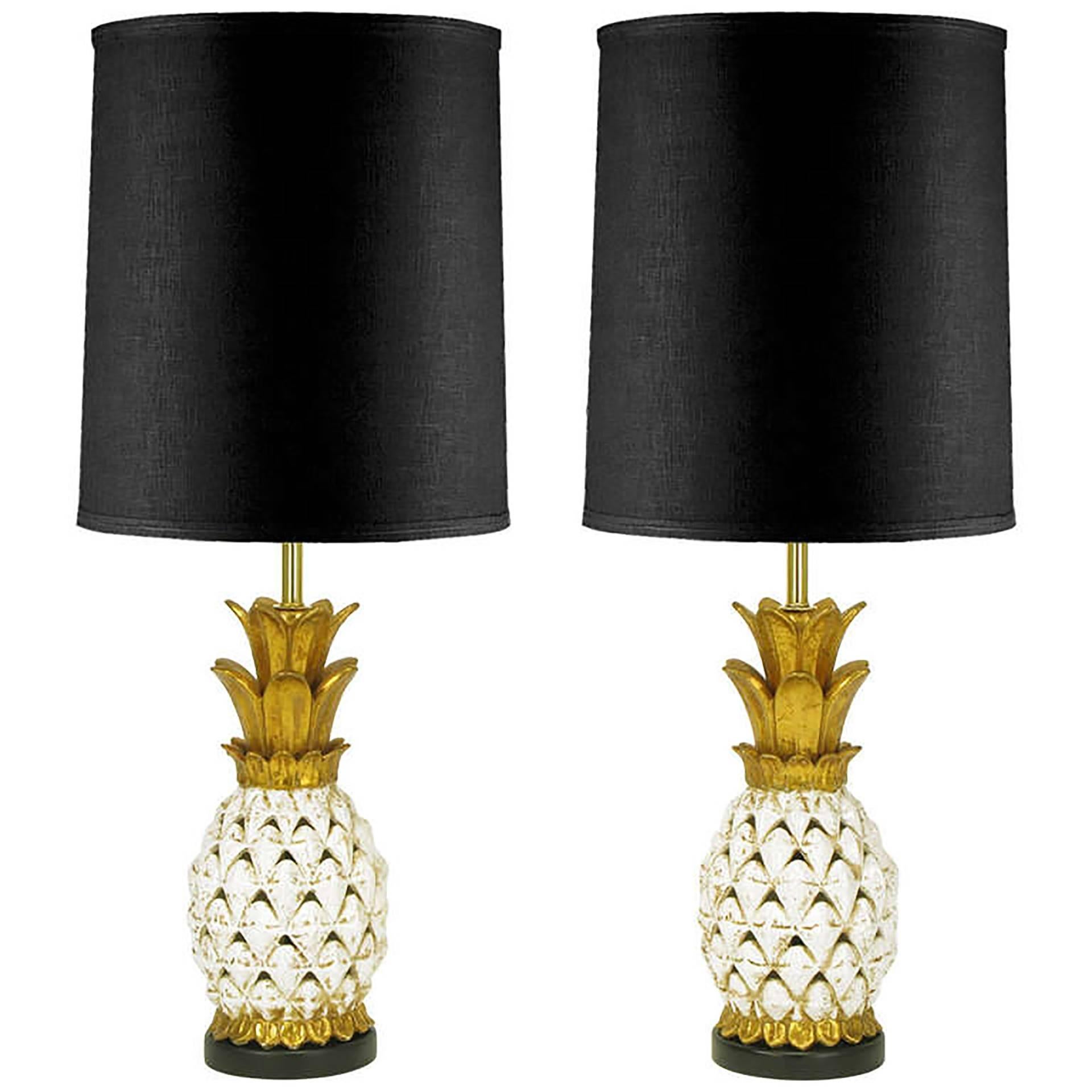 Pair of Reticulated Craquelure Glazed Pottery Pineapple-Form Table Lamps