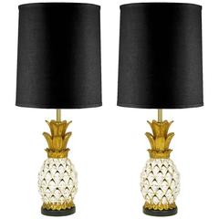 Pair of Reticulated Craquelure Glazed Pottery Pineapple-Form Table Lamps