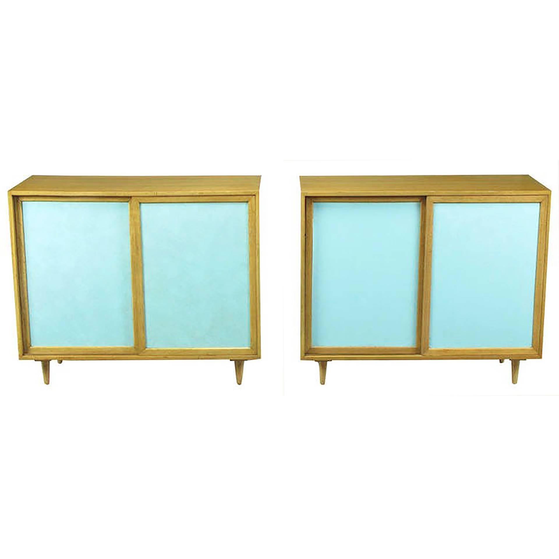 Pair of Harvey Probber Bleached Mahogany and Tiffany Blue Leather Front Cabinets