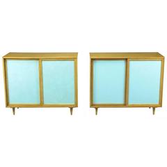 Pair of Harvey Probber Bleached Mahogany and Tiffany Blue Leather Front Cabinets 10