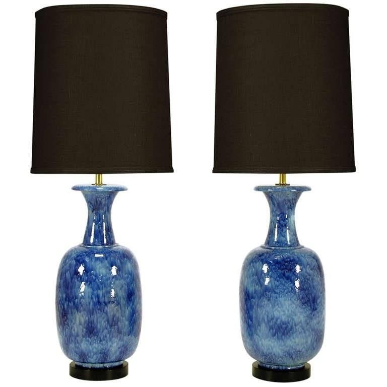 Pair Of Italian Stippled Glazed Blue Pottery Table Lamps