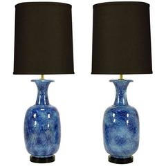 Pair of Italian Stippled Glazed Blue Pottery Table Lamps 12
