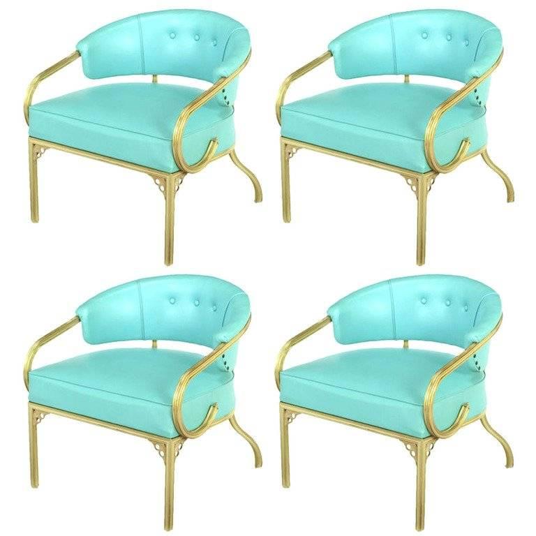 Four John Van Koert Cymbal Collection Gold and Tiffany Blue Lounge Chairs