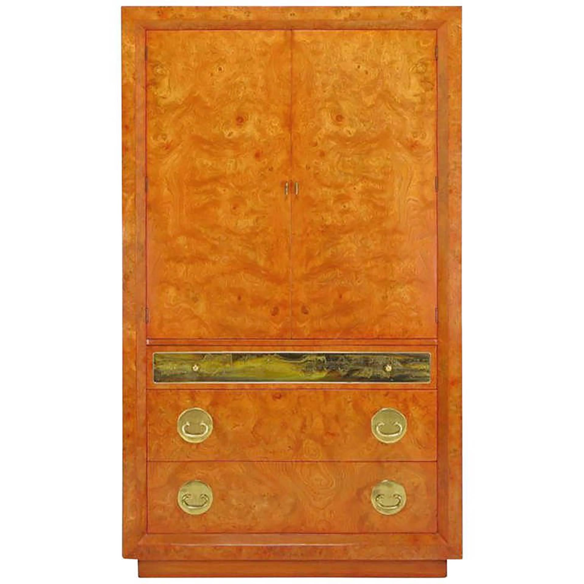 Rare Mastercraft Tangerine Amboyna Burl and Acid Etched Brass Wardrobe Cabinet