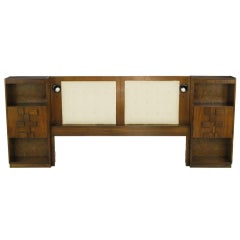 Upholstered King Headboard in Walnut with Block Front Nightstands