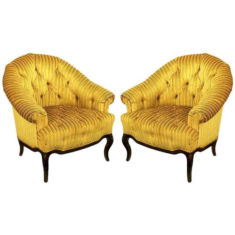 Elegant Pair of Interior Crafts Button-Tufted Barrel-Back Lounge Chairs