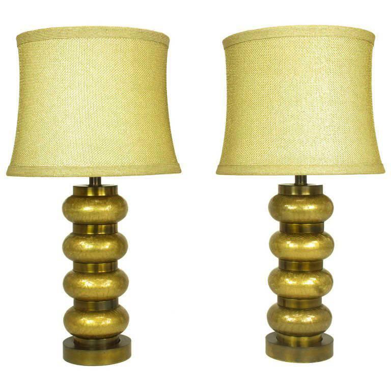 Pair of Paul Hanson Reverse Gilt Crackle Glass and Brass Table Lamps
