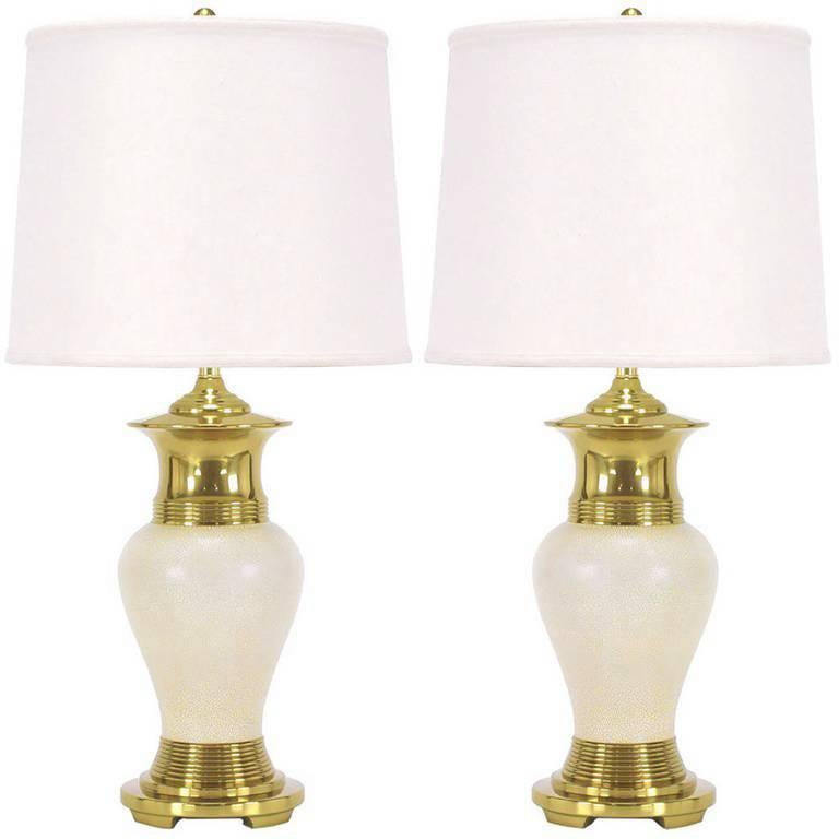 Pair of Urn Form Brass and Ivory Crackle Glaze Table Lamps For Sale