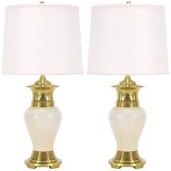 Pair of Urn Form Brass and Ivory Crackle Glaze Table Lamps 11