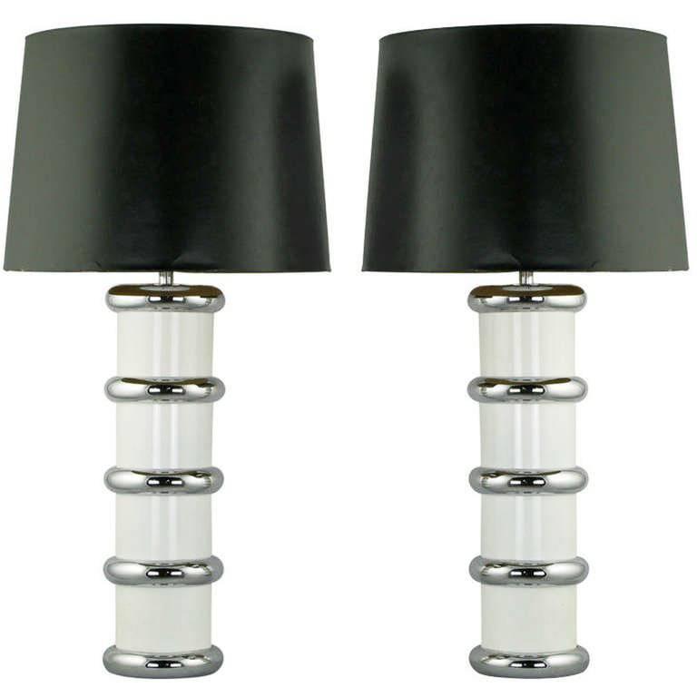 Pair of Mutual Sunset White Enamel and Chrome Table Lamps For Sale at 1stDibs