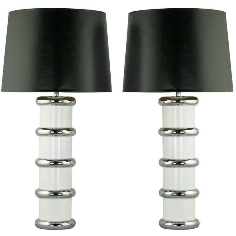 Pair of Mutual Sunset White Enamel and Chrome Table Lamps For Sale