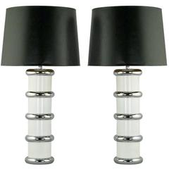 Retro Pair of Mutual Sunset White Enamel and Chrome Table Lamps