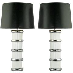 Pair of Mutual Sunset White Enamel and Chrome Table Lamps