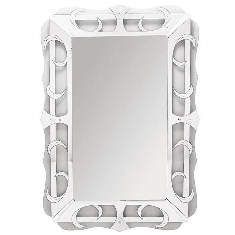 Tall Scalloped, Reverse Silvered and Etched Glass Art Deco Mirror For Sale at 1stdibs