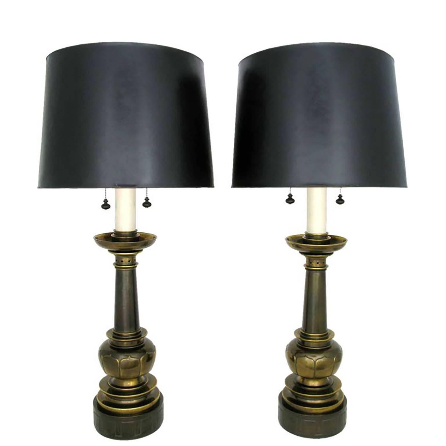 Impressive Pair of Neoclassical Brass Table Lamps by Stiffel For Sale