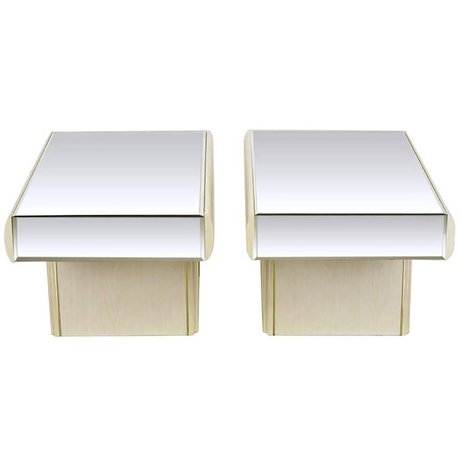 Pair of Italian White Glazed Oak and Mirror Cantilever End Tables