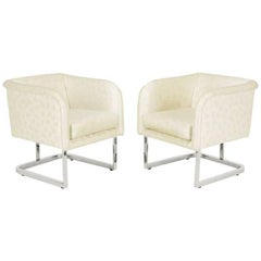 Pair of Milo Baughman Nickel and Ivory Glazed Cotton Print Club Chairs