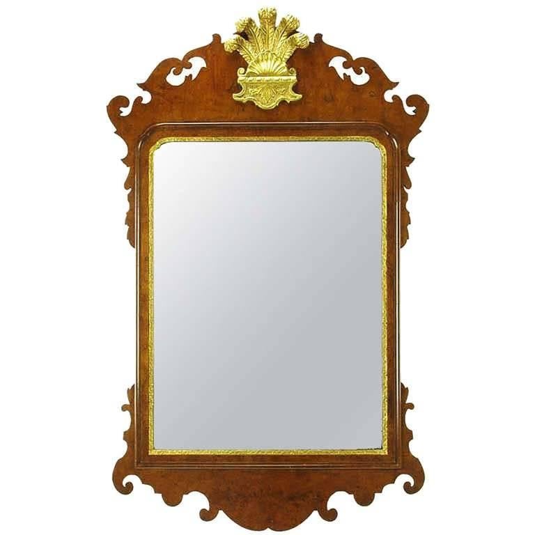 Chippendale Mirror in Burled Walnut with Gilt Plume Surmounter For Sale