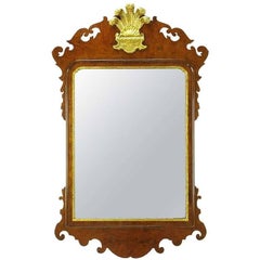 Vintage Chippendale Mirror in Burled Walnut with Gilt Plume Surmounter