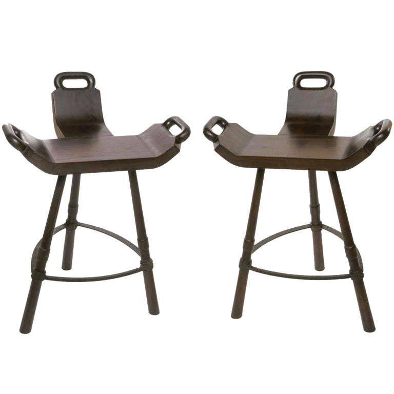 Pair of Primitive Asian Birthing Chair Inspired Bar Stools For Sale