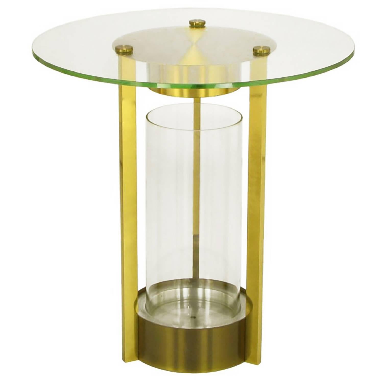 Illuminated Brass and Glass Cylindrical End Table, Dorothy Thorpe Attributed