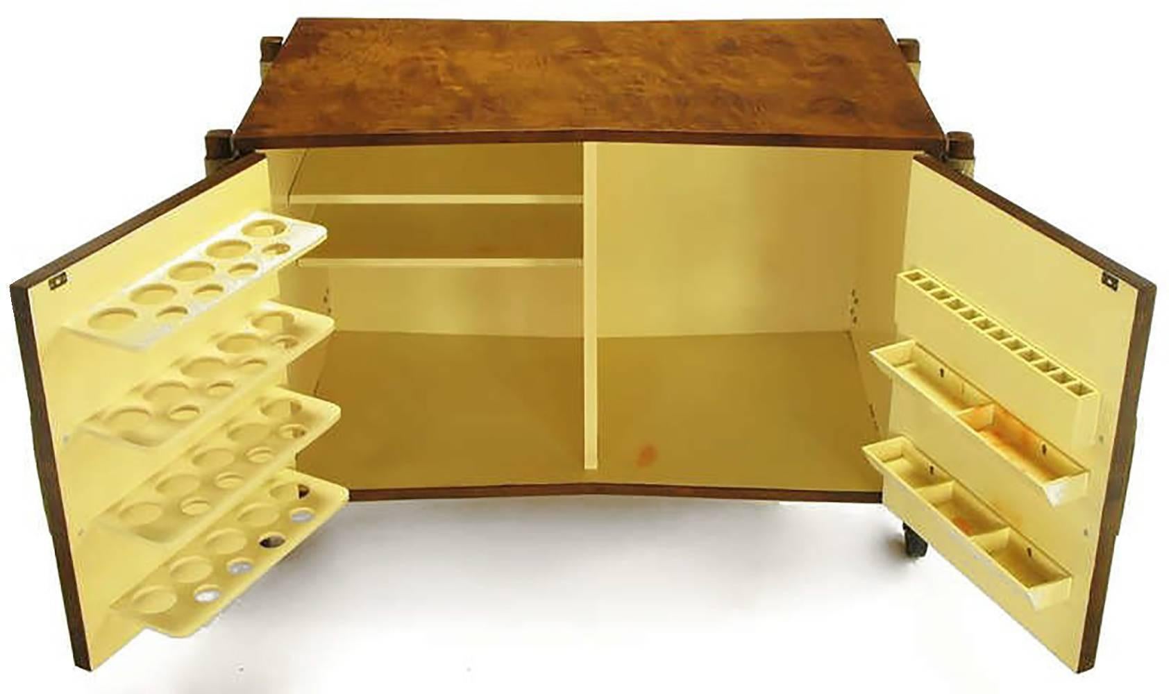 Brass Harold Schwartz Burled Walnut Farfalla-Form Rolling Bar Cart For Sale