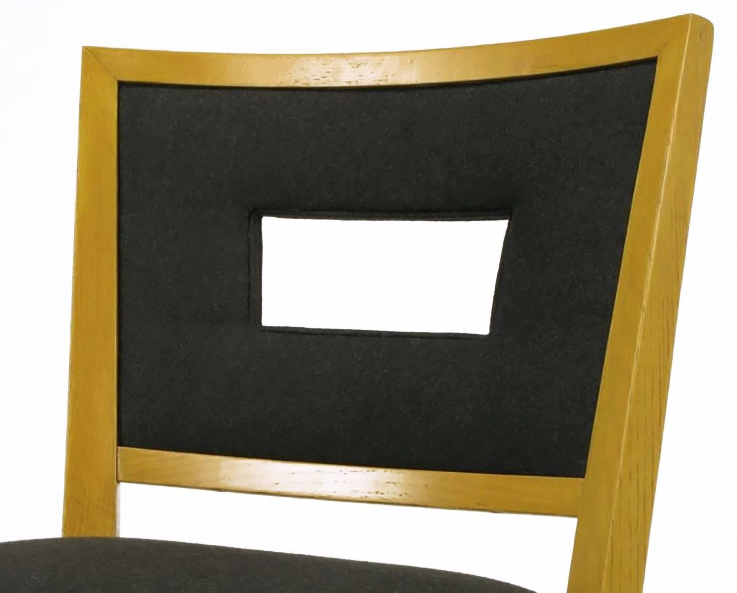 Set of Eight White Oak and Black Flannel Keyhole Back Dining Chairs 6