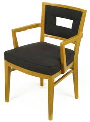 Set of Eight White Oak and Black Flannel Keyhole Back Dining Chairs