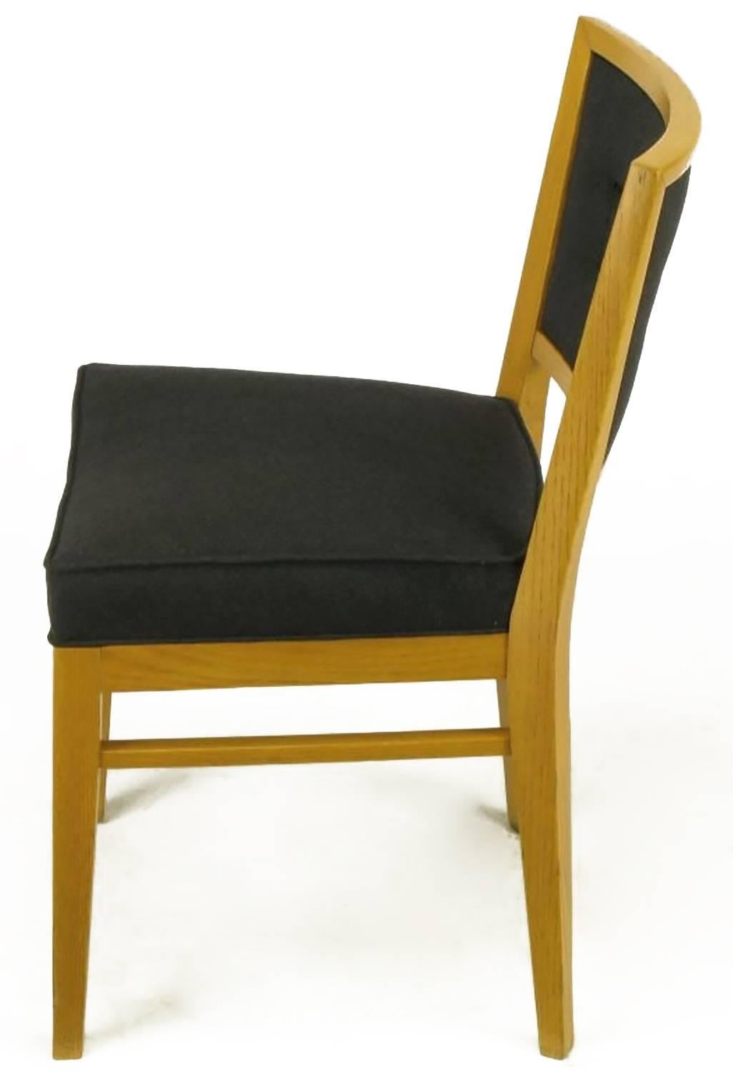 Mid-20th Century Set of Eight White Oak and Black Flannel Keyhole Back Dining Chairs