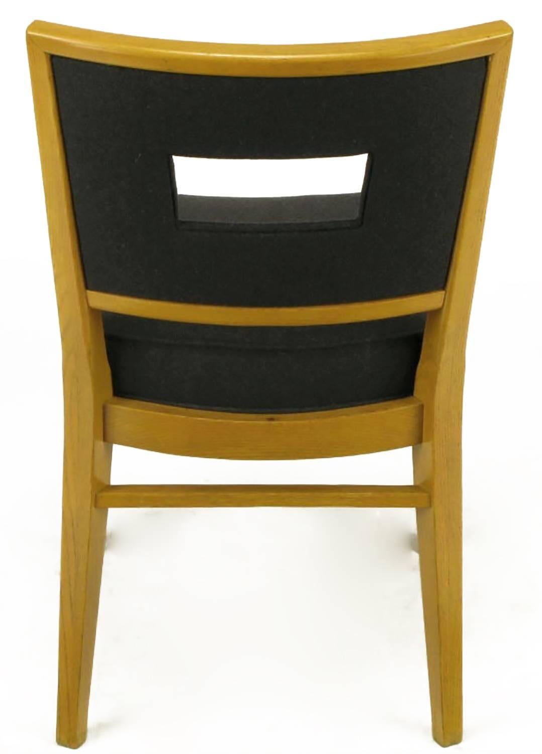 Set of Eight White Oak and Black Flannel Keyhole Back Dining Chairs 2