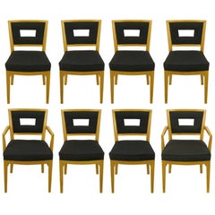 Set of Eight White Oak and Black Flannel Keyhole Back Dining Chairs