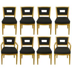 Set of Eight White Oak and Black Flannel Keyhole Back Dining Chairs 11