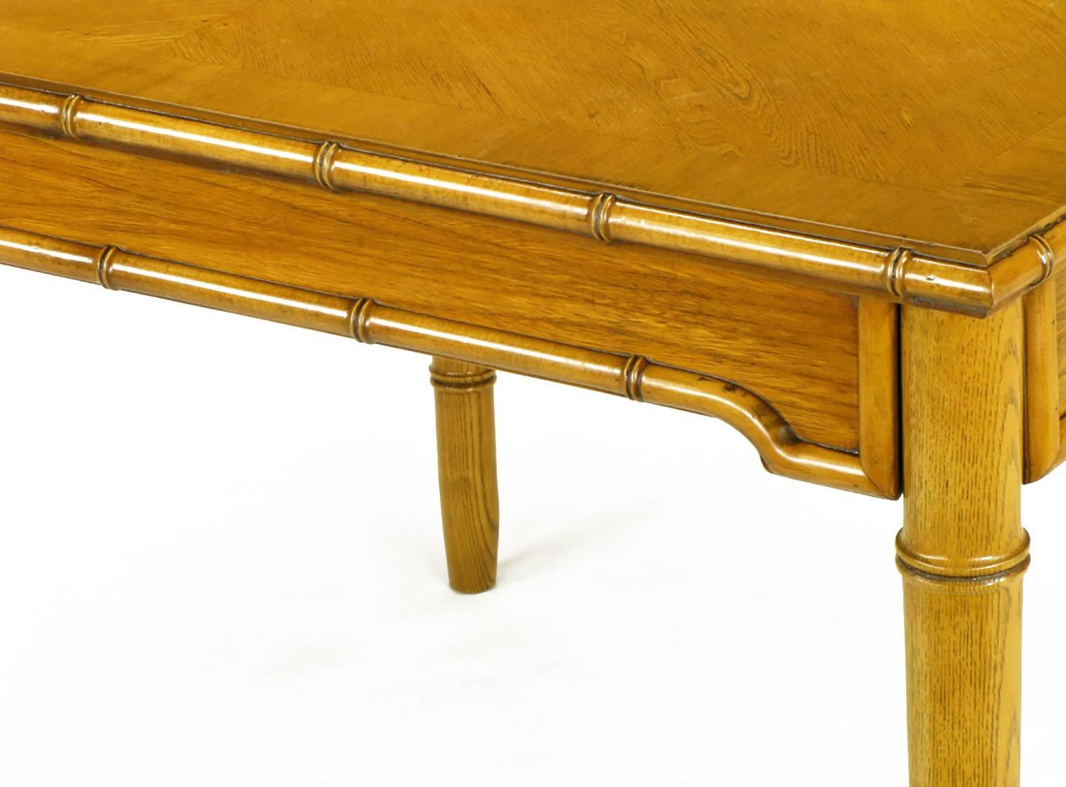 Mid-20th Century Petite Edge-Banded Parquetry Top Dining Table with Bamboo-Form Saber Legs