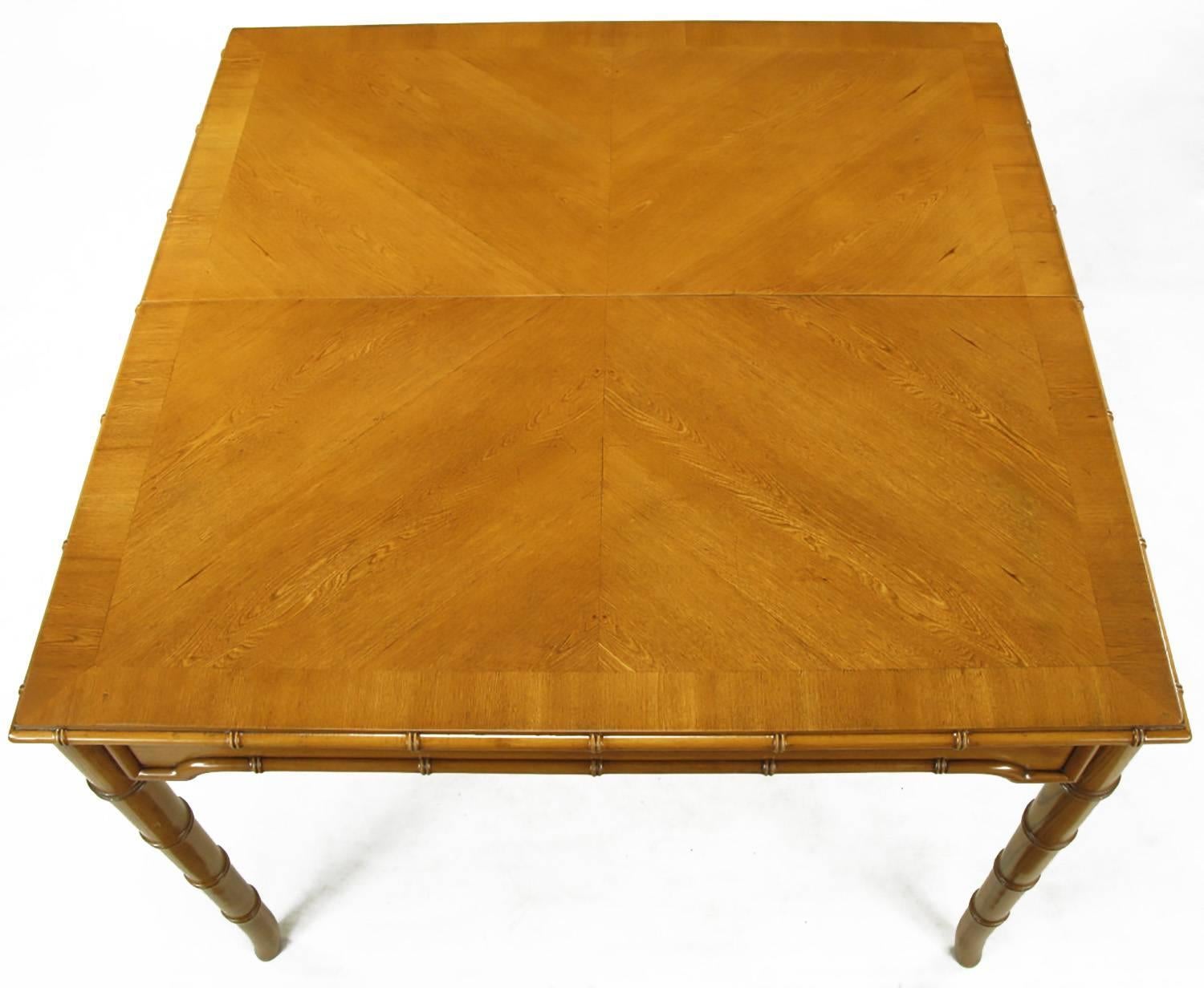 American Petite Edge-Banded Parquetry Top Dining Table with Bamboo-Form Saber Legs