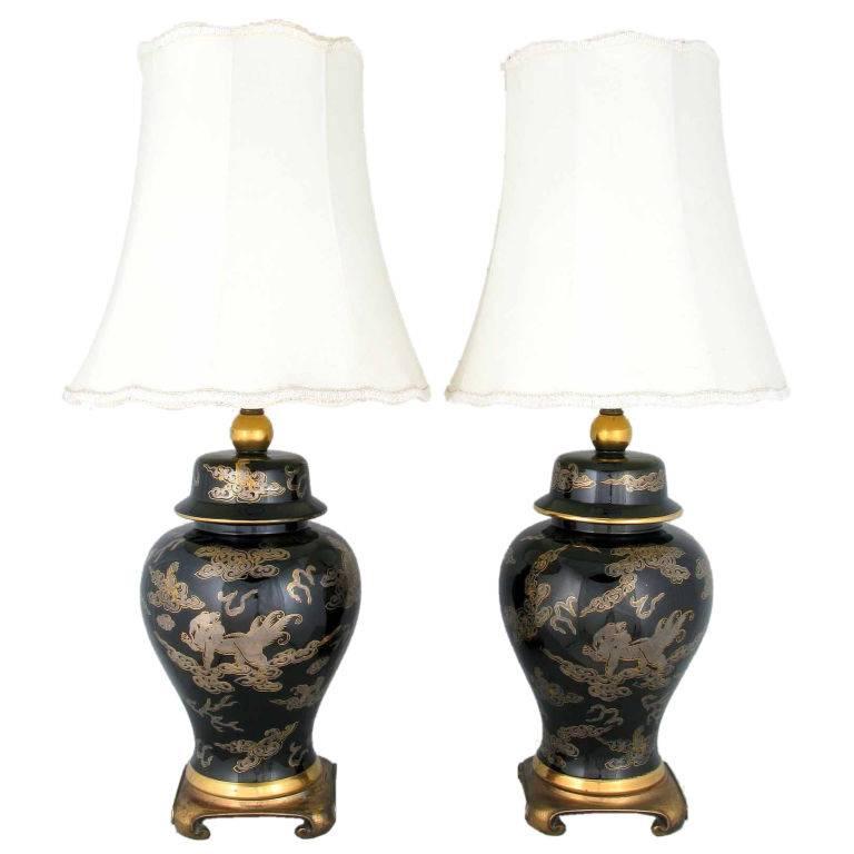 Pair of Black and Gilt Ginger Jar Table Lamps with Dragon Design For Sale