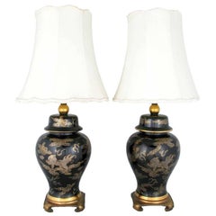 Pair of Black and Gilt Ginger Jar Table Lamps with Dragon Design