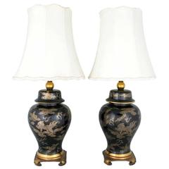 Pair of Black and Gilt Ginger Jar Table Lamps with Dragon Design 9