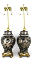 Pair of Black and Gilt Ginger Jar Table Lamps with Dragon Design