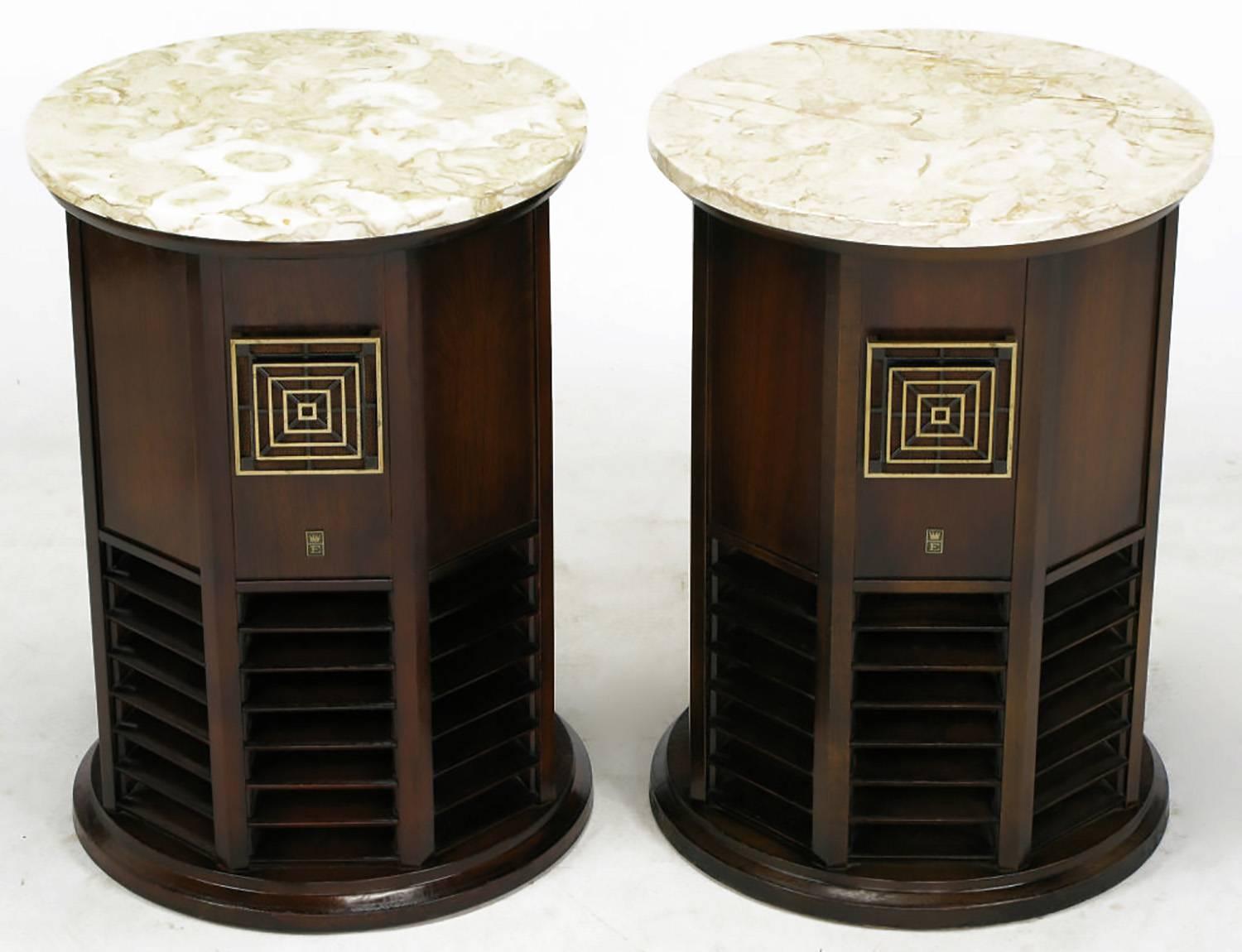 Pair of walnut and marble octagonal end tables with enclosed speakers by Long Island NY high end audio manufacturer Empire. Functional as speakers as well as end tables or pedestals. Could also be retrofitted with subwoofers for a compact home