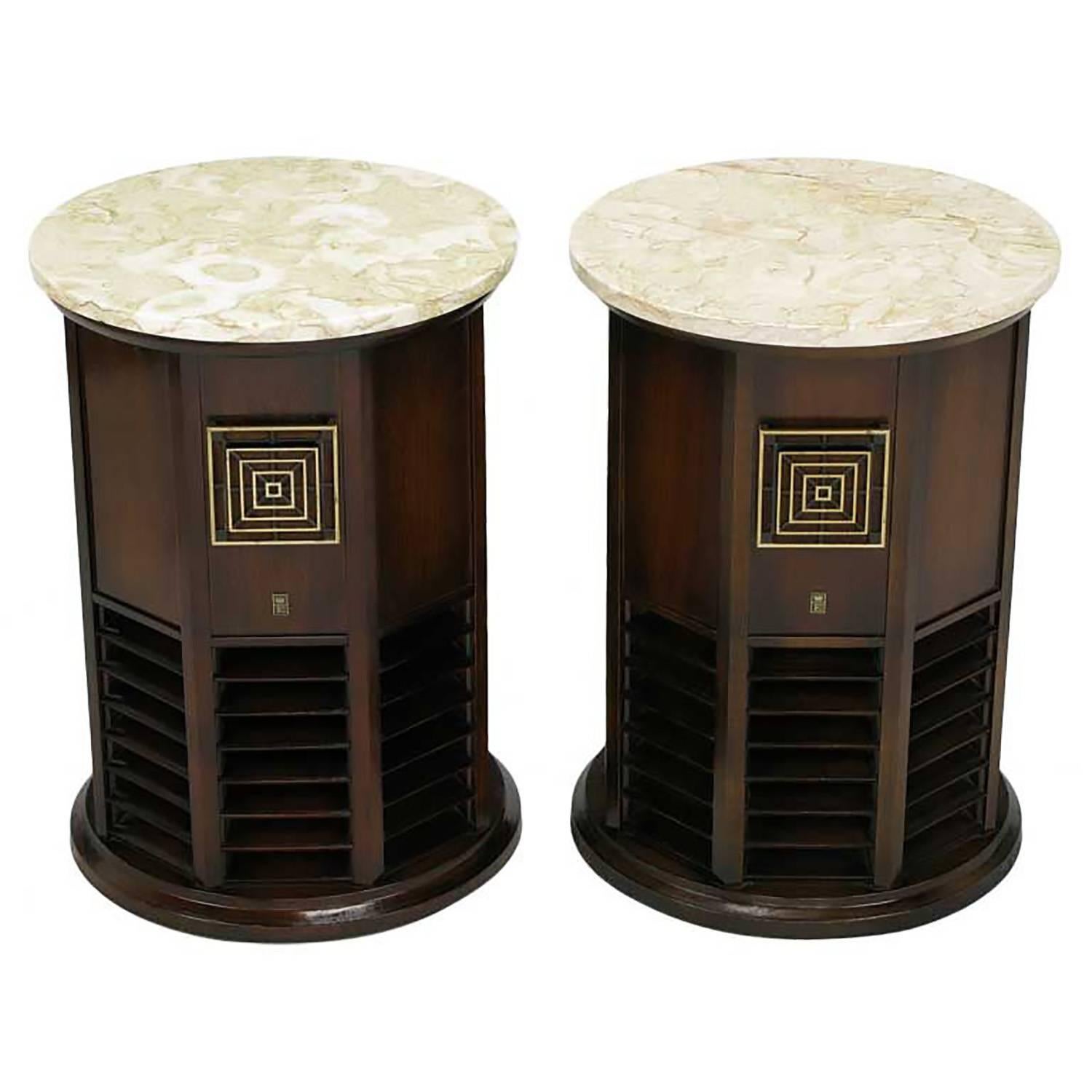 Pair of 1960s Walnut and Marble Columnar End Table Speakers