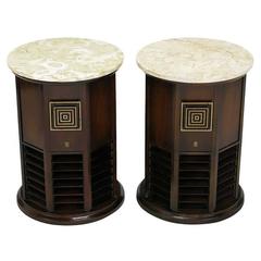 Vintage Pair of 1960s Walnut and Marble Columnar End Table Speakers