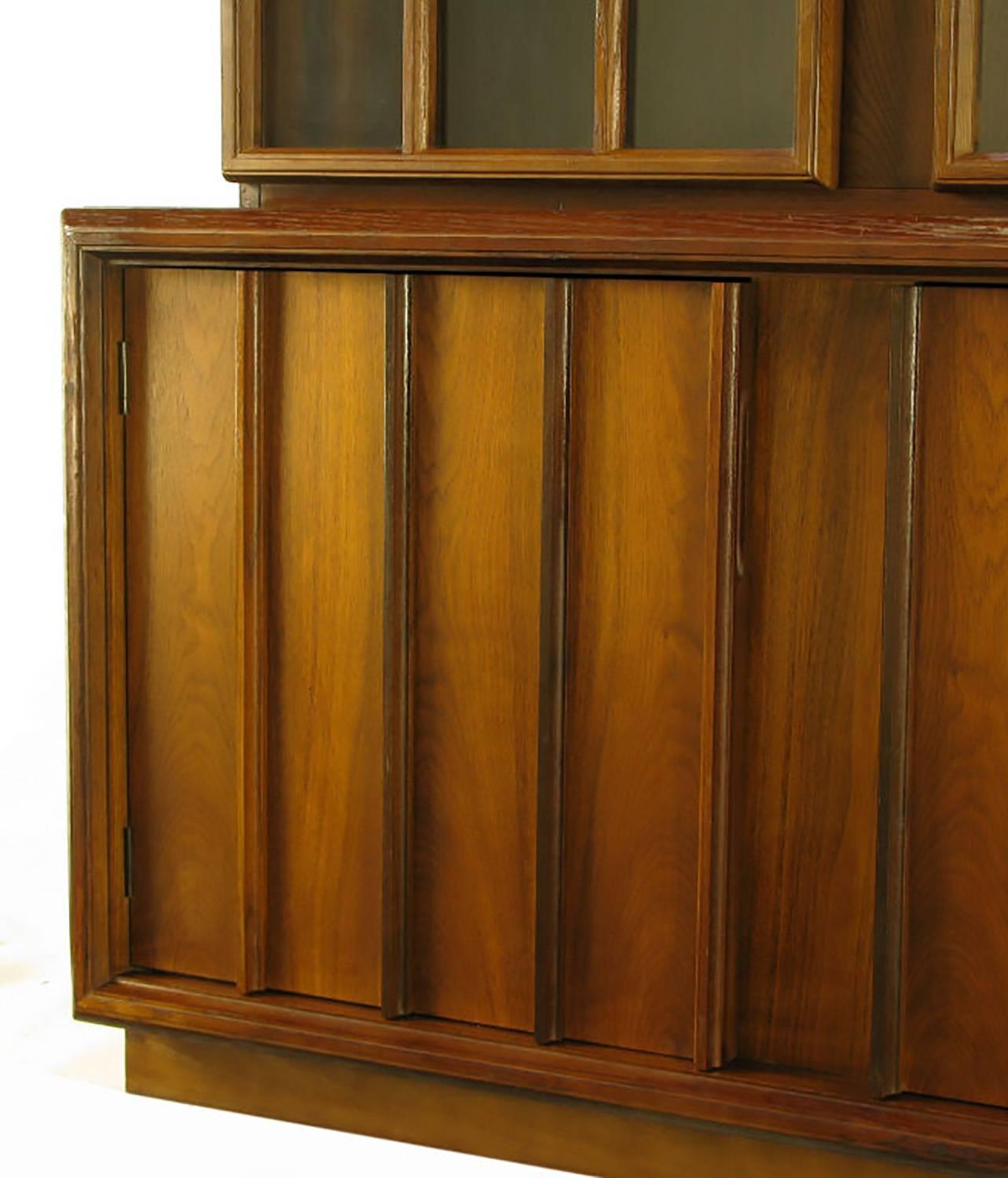 American Keller Colonnade-Top Walnut and Glass Tall Cabinet For Sale