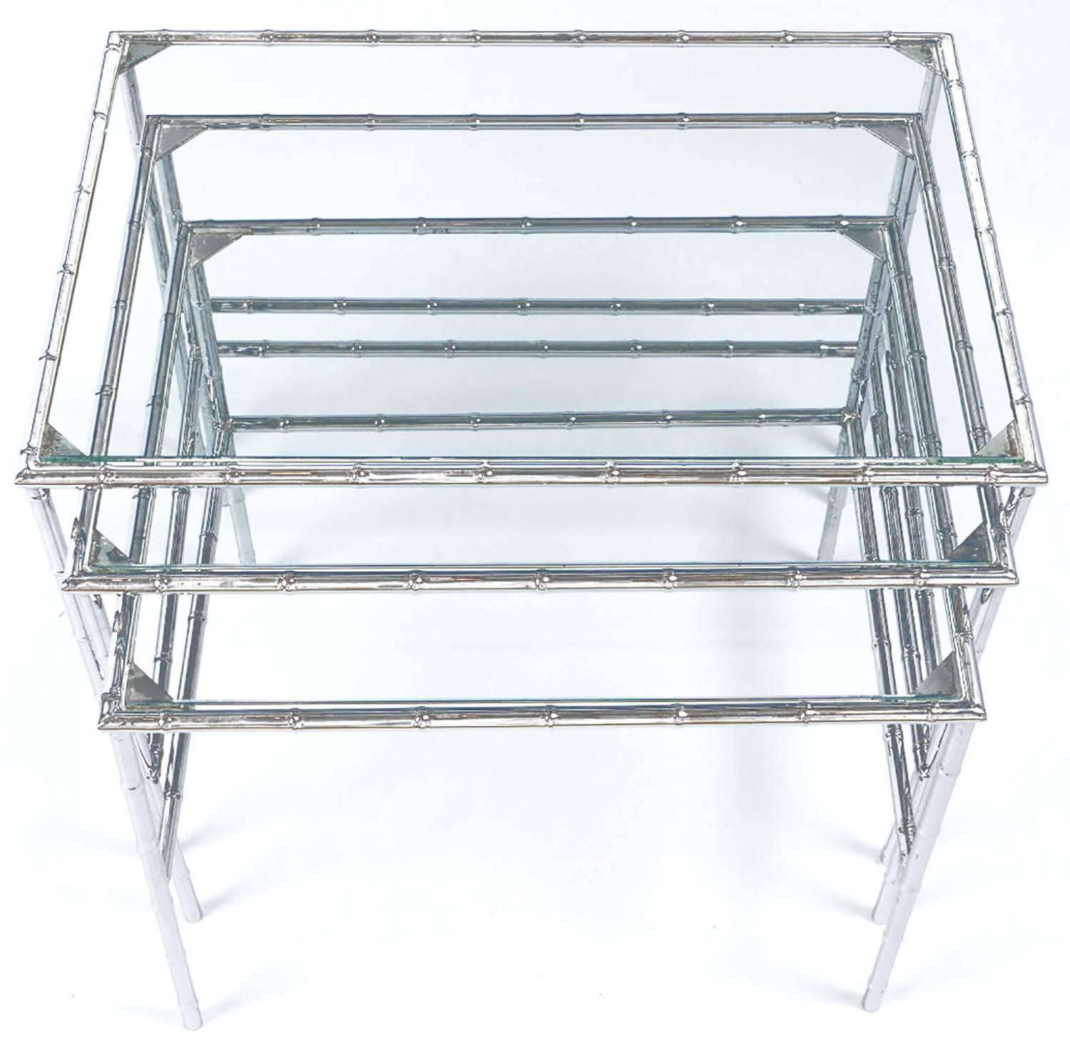 Elegantly framed in faux bamboo chromed steel, this versatile set of nesting tables can be used in many locations.