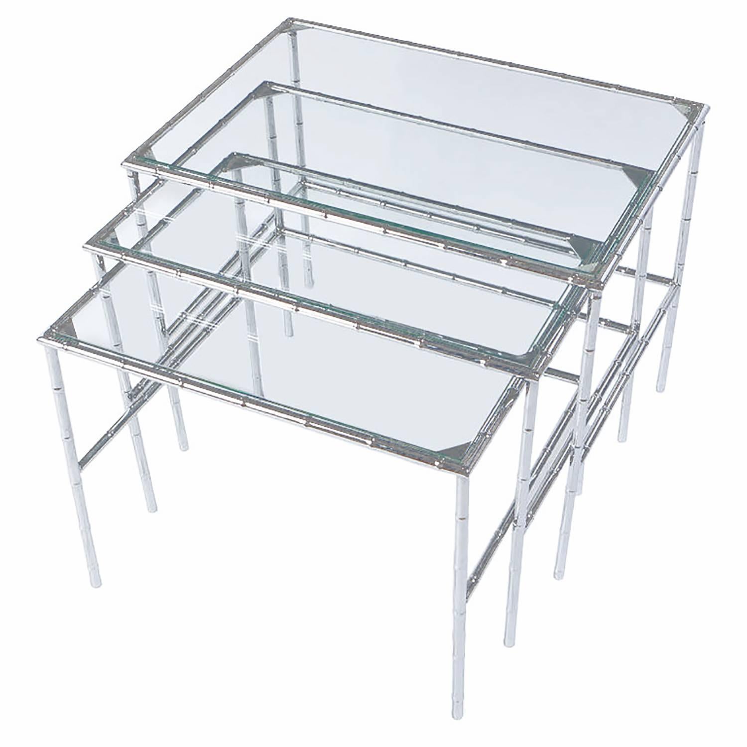 Set of Three Chrome Bamboo and Glass Nesting Tables For Sale 1