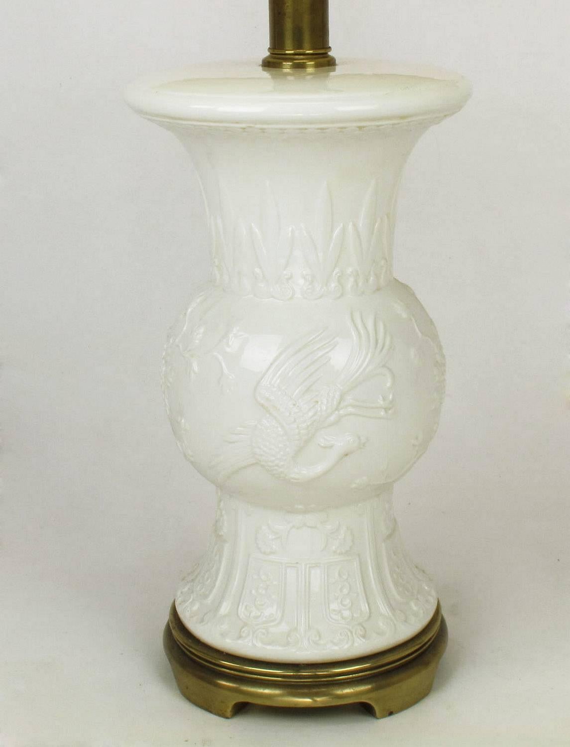 Brass Pair of Frederick Cooper White Porcelain Table Lamps For Sale