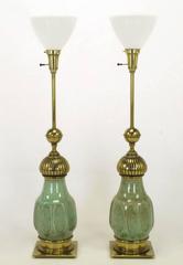 Pair of Stiffel Crackle Glaze Ceramic and Brass Moorish Style Table Lamps